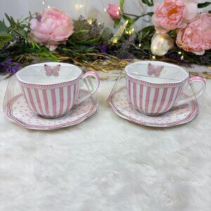 Grace Teaware Fine Porcelain Pink Butterfly Stripes Tea Cups & Saucers 4PC Set